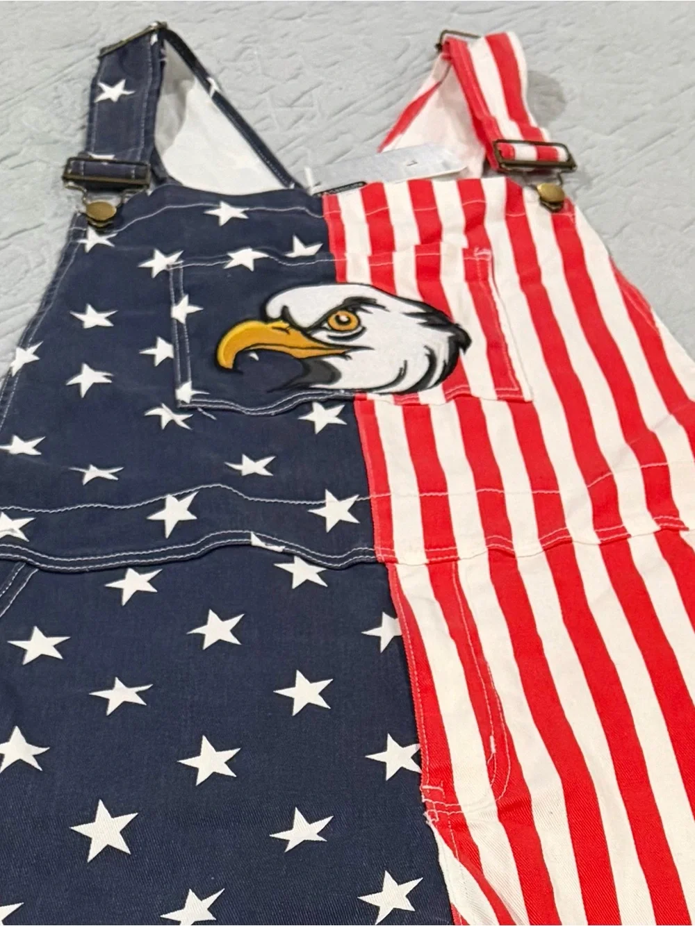 Men’s Patriotic Eagle Overalls Shorts! 5 pockets, zip fly, adjustable straps!
